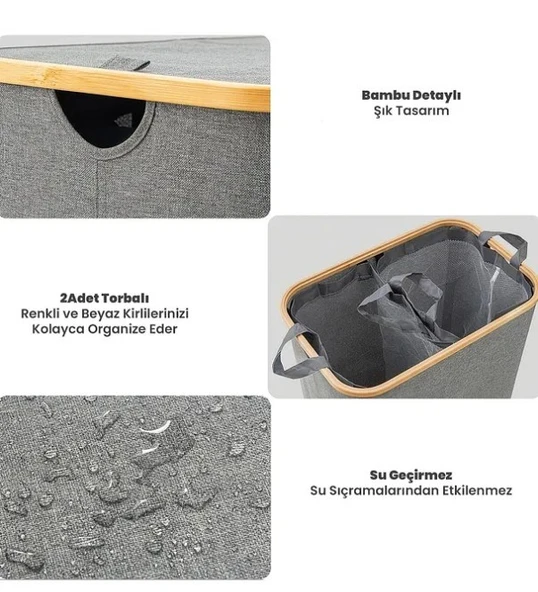 Katlanır Kumaş 100 Lt Bambu Çamaşır Sepeti 2 Bölmeli İçi Fileli Kirli Çamaşır Sepeti - 6