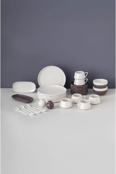 Beyaz - Gri Parla 32 Parça 6 Kişilik Kahvaltı Takımı