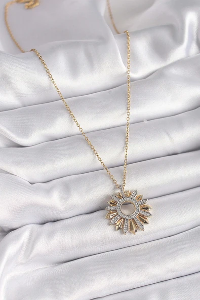 316L Çelik Gold Renk Zincir Zirkon Taşlı Mix Renk Güneş Model Kadın Kolye - Resim 2