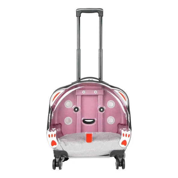 Şeffaf Tekerlekli Kedi Köpek Taşıma Valizi Çekçekli Büyük Model Pembe