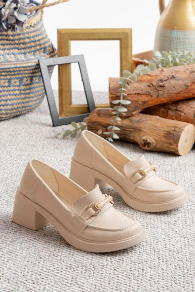 Kadın Alana Krem Cilt oka Detaylı 6 cm Topuklu Lofer Ayakkabı - 5