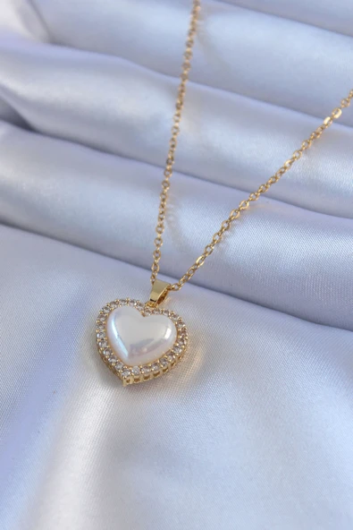 316L Çelik Gold Renk İncili Kalp Model Zirkon Taşlı Kadın Kolye ürün görseli 1