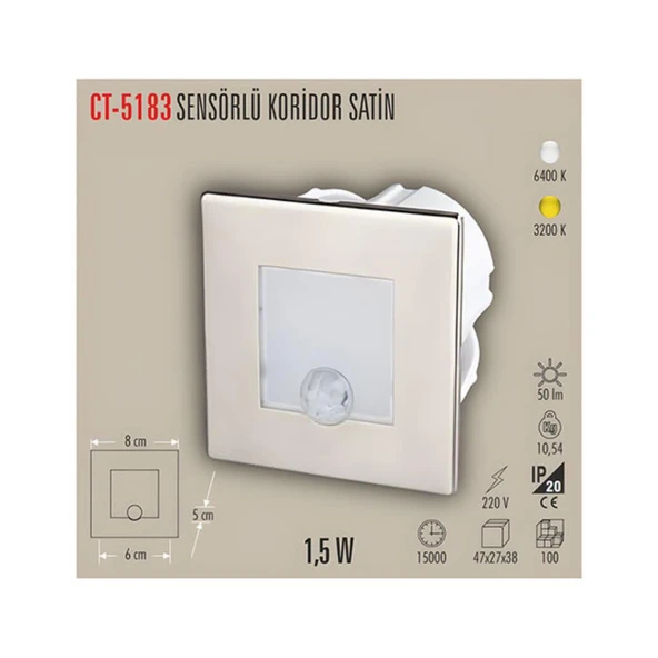 Cata CT-5183 1.5W Koridor LED Armatür Sensörlü 3200K Günışığı - Resim 2