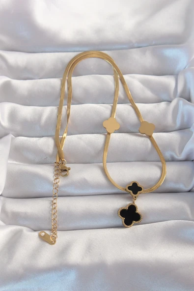 316L Çelik Gold Renk İtalyan Zincirli Mineli Yonca Kolye - Resim 2