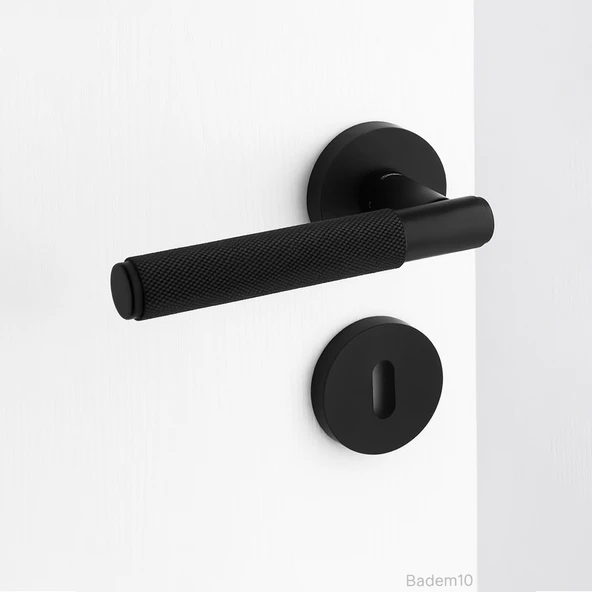 Tırtıllı Mat Siyah Oda Tipi Kapı Kolu Rozetli Sağ Sol Uygun Modern İç Kapı Kilitli 1 Takım ürün görseli