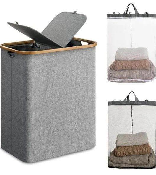 150 Lt Katlanır Kumaş Bambu Çamaşır Sepeti 2 Bölmeli İçi Fileli Kirli Çamaşır Sepeti