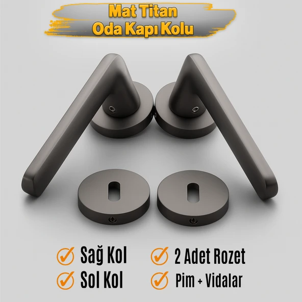 Mat Titan Oda Tipi Kapı Kolu Rozetli Sağ Sol Uygun Modern İç Kapı Kilitli 1 Takım - Resim 2