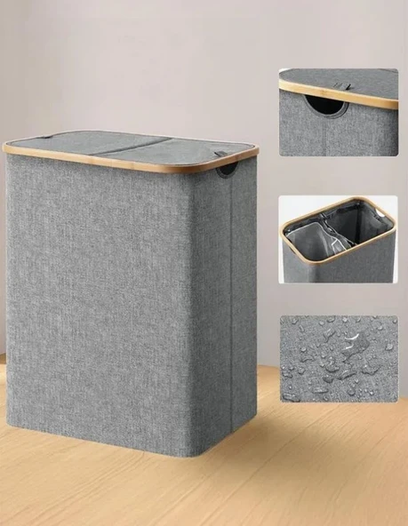 150 Lt Katlanır Kumaş Bambu Çamaşır Sepeti 2 Bölmeli İçi Fileli Kirli Çamaşır Sepeti - 3