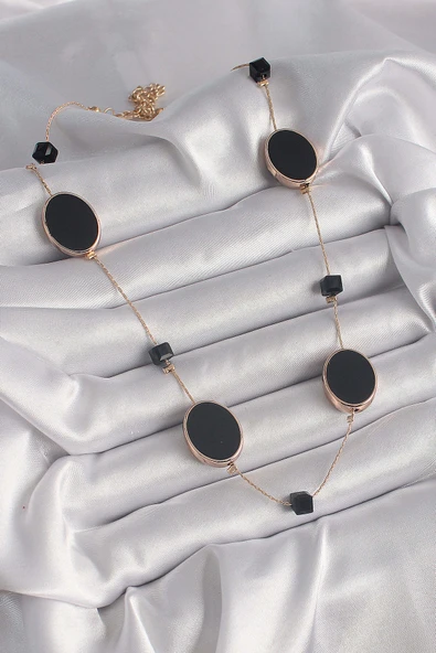Pirinç Gold Renk Siyah Renk Oval Siyah Küp Detay Kadın Kolye - 2