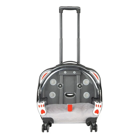 Şeffaf Tekerlekli Kedi Köpek Taşıma Valizi Çekçekli Büyük Model Açık Gri