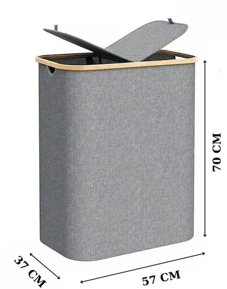150 Lt Katlanır Kumaş Bambu Çamaşır Sepeti 2 Bölmeli İçi Fileli Kirli Çamaşır Sepeti - 6