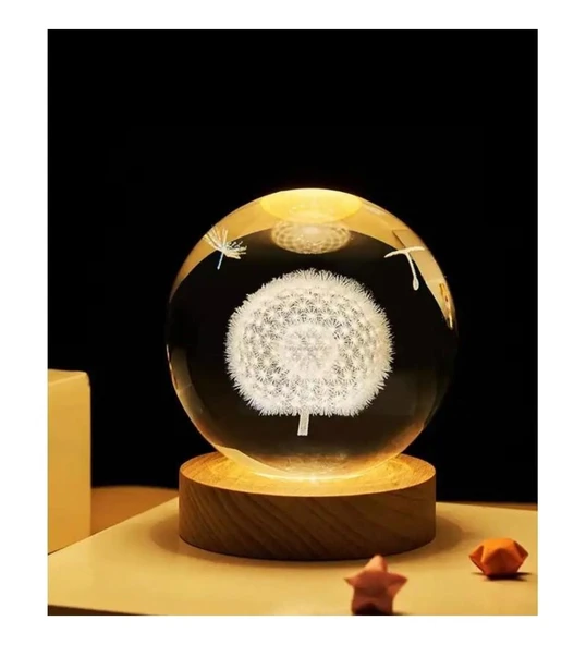 3D Karahindiba Temalı Kristal Küre Led Gece Lambası – USB'li Ahşap Standlı RGB Led Lamba - 3