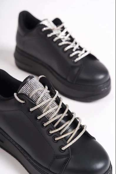 JET-DELLA Bağcıklı Ortopedik Taban Taşlı Kadın Sneaker Spor Ayakkabı  CST - Siyah - Resim 5