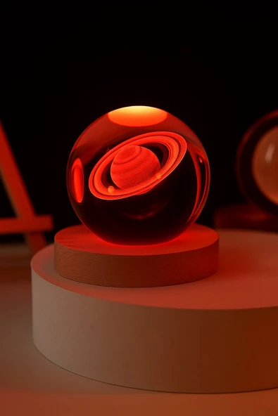 3D Satürn Kristal Küre Lamba – USB li LED Işıklı Ahşap Standlı Dekoratif Masa Lambası RGB Led - 2