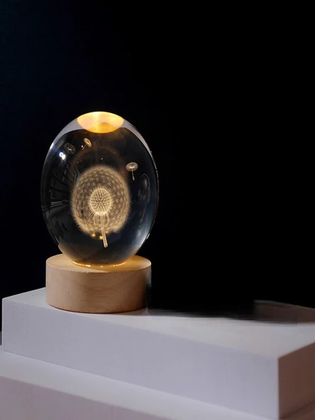 3D Karahindiba Temalı Kristal Küre Led Gece Lambası – USB'li Ahşap Standlı RGB Led Lamba - 6