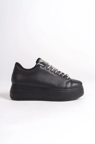 JET-DELLA Bağcıklı Ortopedik Taban Taşlı Kadın Sneaker Spor Ayakkabı  CST - Siyah - Resim 6