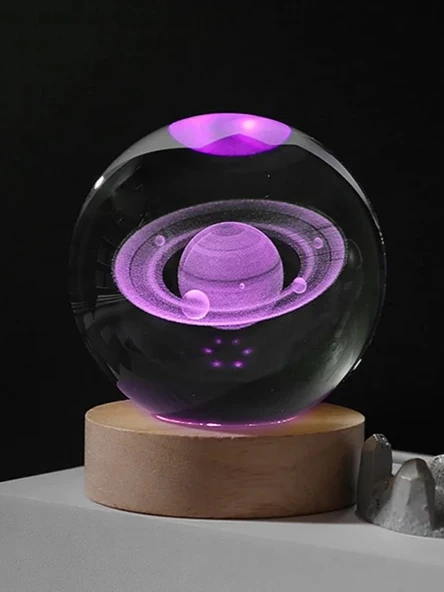 3D Satürn Kristal Küre Lamba – USB li LED Işıklı Ahşap Standlı Dekoratif Masa Lambası RGB Led - 1