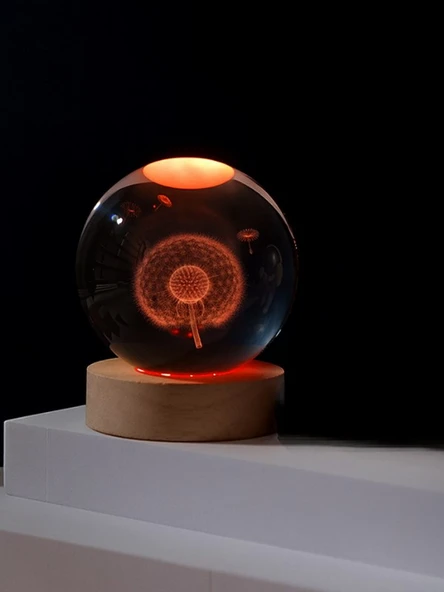 3D Karahindiba Temalı Kristal Küre Led Gece Lambası – USB'li Ahşap Standlı RGB Led Lamba - 2