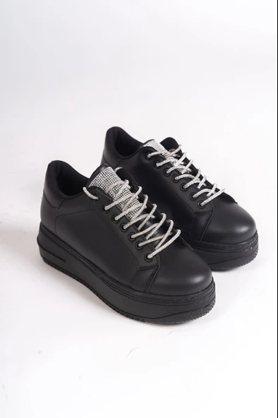 JET-DELLA Bağcıklı Ortopedik Taban Taşlı Kadın Sneaker Spor Ayakkabı  CST - Siyah - Resim 4