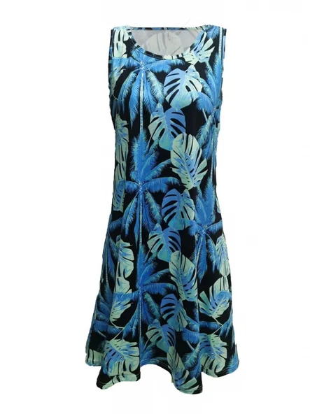 Kadın Mavi Yaprak Baskılı Askılı Süprem Elbise - Resim 5