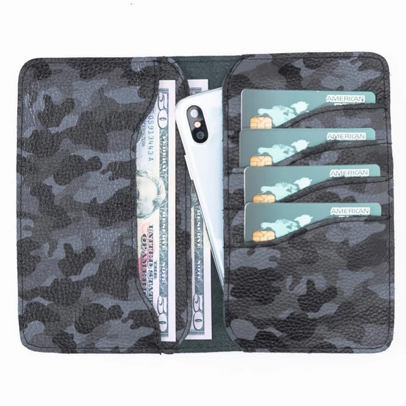 Leony 6.1 inch Uyumlu Deri Kartlıklı Kılıf Kamuflaj Gri ürün görseli 1