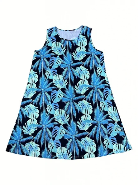 Kadın Mavi Yaprak Baskılı Askılı Süprem Elbise - Resim 4