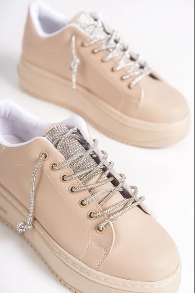 JET-DELLA Bağcıklı Ortopedik Taban Taşlı Kadın Sneaker Spor Ayakkabı CTT - Ten - Resim 5