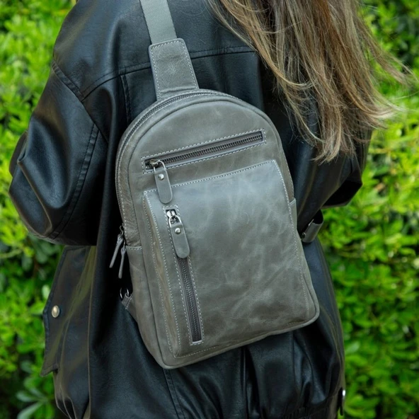 Blake Gerçek Deri Çapraz Çanta Antik Efektli Gri - 4