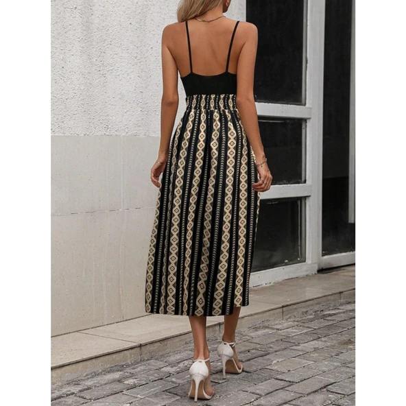 Lucky Life Kadın Ip Askılı Kruvaze Yakalı üst Viskon Alt Desenli Süprem Elbise