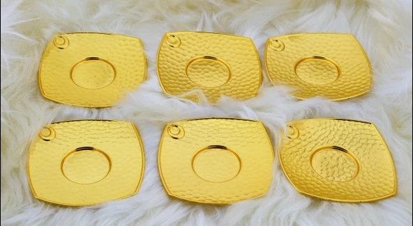 Metal 6 Kişilik Altın Renkli Dövme Kare Çay Tabağı - 2