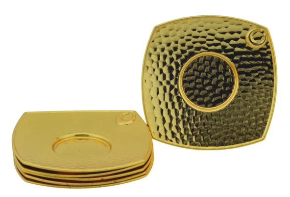 Metal 6 Kişilik Altın Renkli Dövme Kare Çay Tabağı