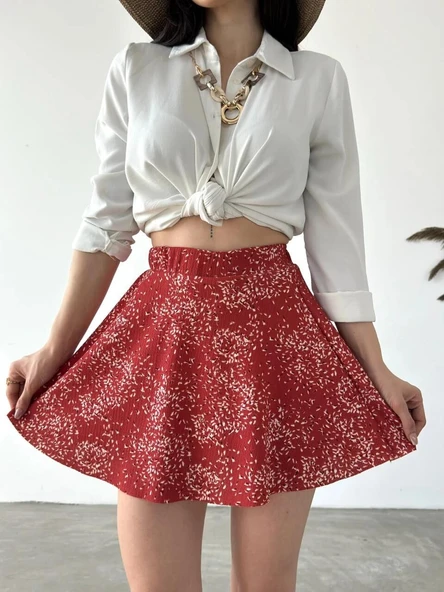 Desenli Krinkıl Şortlu Etek - KİREMİT