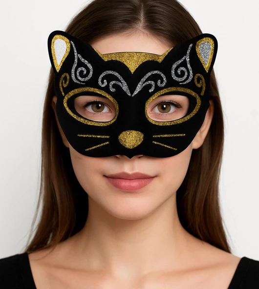 Kadife Dokulu Sim Detaylı Işıltılı Kedi Maskesi Altın Gümüş 20x13 cm - Resim 2