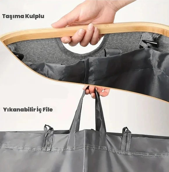 100 Lt Katlanır Kumaş Bambu Çamaşır Sepeti İçi Fileli Kirli Çamaşır Sepeti - 5