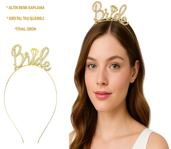 Altın Renkli Taşlı “Bride” Gelin Tacı – El Yazısı Yazı Tipiyle - 1