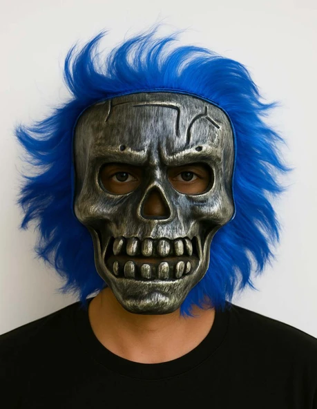 Wild Skull - Gümüş Kafatası Mavi Saçlı İskelet Maske - Resim 2