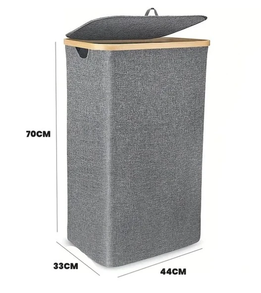100 Lt Katlanır Kumaş Bambu Çamaşır Sepeti İçi Fileli Kirli Çamaşır Sepeti - 3
