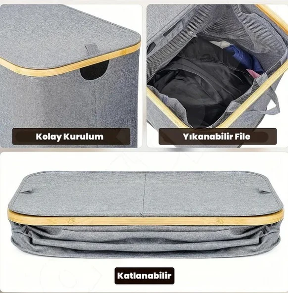 70 Lt Katlanır Kumaş Bambu Çamaşır Sepeti İçi Fileli Kirli Çamaşır Sepeti - 6