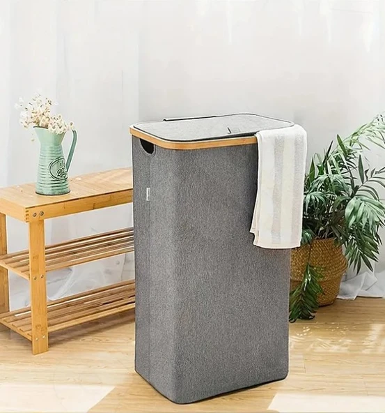 70 Lt Katlanır Kumaş Bambu Çamaşır Sepeti İçi Fileli Kirli Çamaşır Sepeti