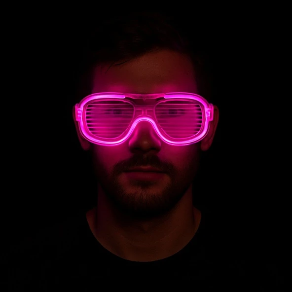 Pembe Led Işıklı Parti Gözlüğü - Neon Glow Şerit Gözlük 3 Modlu - 3