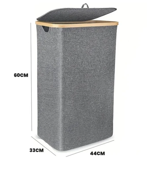70 Lt Katlanır Kumaş Bambu Çamaşır Sepeti İçi Fileli Kirli Çamaşır Sepeti - 3