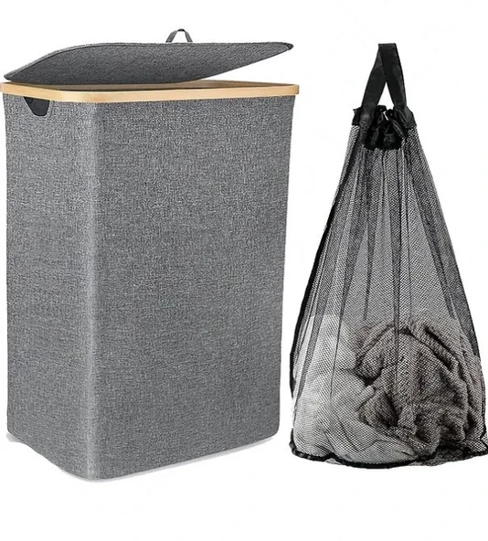 70 Lt Katlanır Kumaş Bambu Çamaşır Sepeti İçi Fileli Kirli Çamaşır Sepeti - 2