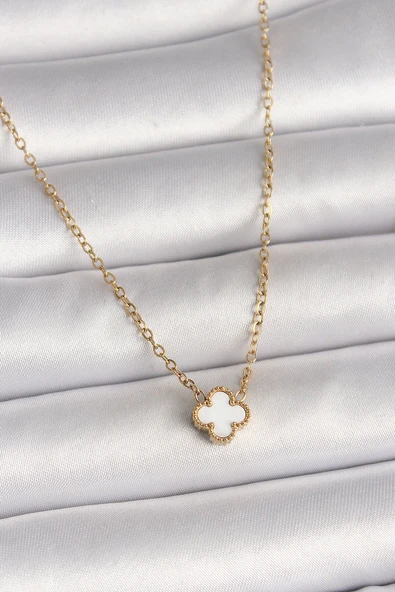 316L Çelik Gold Renk Beyaz Yonca Model Kadın Kolye ürün görseli 1