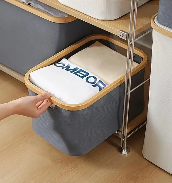 50 Lt Katlanır Kumaş Bambu Çamaşır Sepeti Kirli Çamaşır Sepeti Oyuncak Sepeti - Resim 3