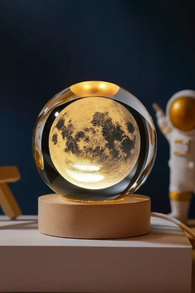 3D Ay Küre Kristal Gün Işığı Led Gece Lambası – USB'li Ahşap Standlı LED Masa Lambası & Gece Lambası - 1