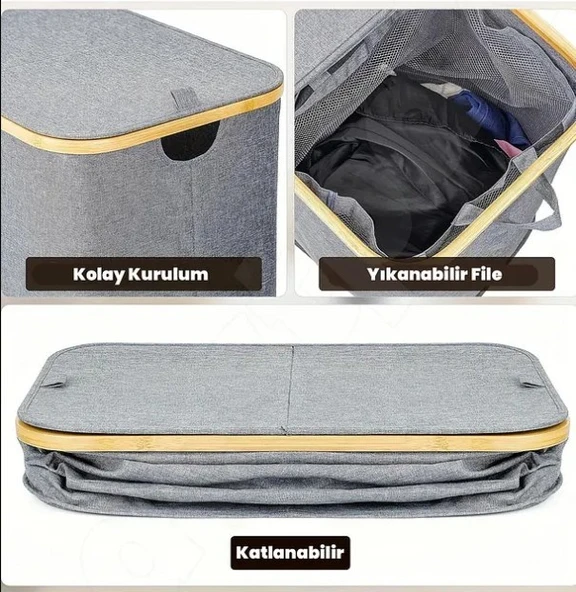 60 Lt Katlanır Kumaş Bambu Çamaşır Sepeti İçi Fileli Kirli Çamaşır Sepeti - 6