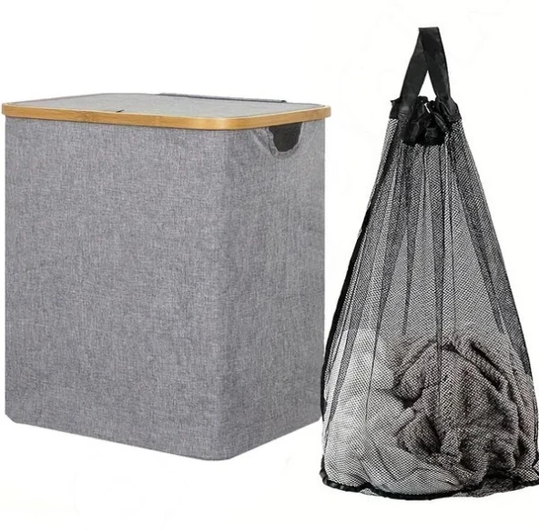 60 Lt Katlanır Kumaş Bambu Çamaşır Sepeti İçi Fileli Kirli Çamaşır Sepeti - 2