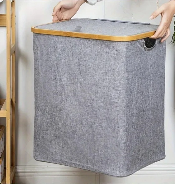 60 Lt Katlanır Kumaş Bambu Çamaşır Sepeti İçi Fileli Kirli Çamaşır Sepeti - 3