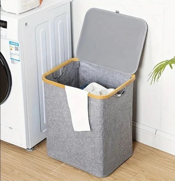 60 Lt Katlanır Kumaş Bambu Çamaşır Sepeti İçi Fileli Kirli Çamaşır Sepeti