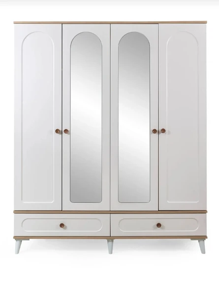 BOHEM 4 KAPAKLI AYNALI MEMBRAN CEVİZ  BEYAZ DOLAP